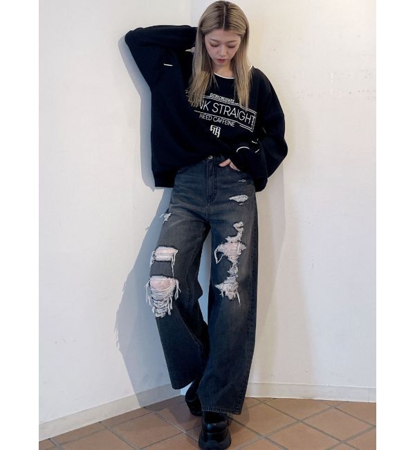 GYDA「ハイウエストダメージレースPatchストレートワイドデニムパンツ」|デニム|