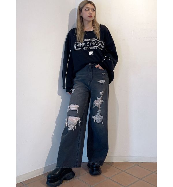 GYDA「ハイウエストダメージレースPatchストレートワイドデニムパンツ」|デニム|