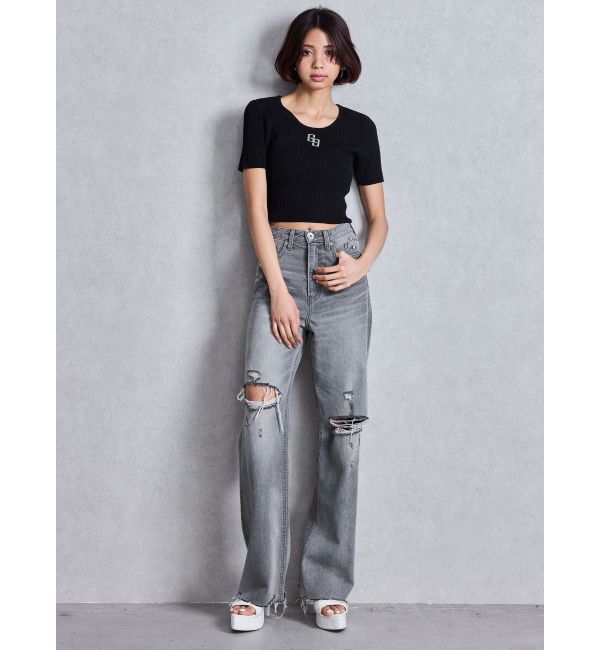 GYDA「superハイウエストDAMAGEストレートデニムパンツ」|デニム|