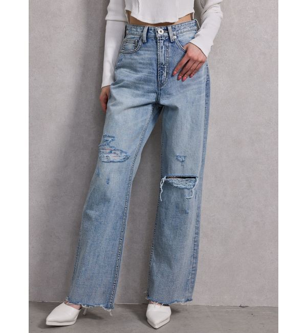 GYDA「superハイウエストDAMAGEストレートデニムパンツ」|デニム|アイスブルー