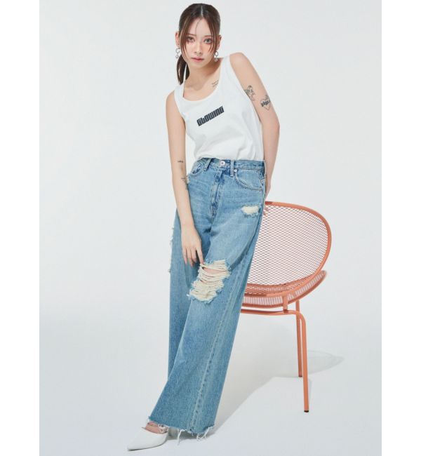 GYDA「ハイウエストSIDE straight line damageワイドデニムパンツ」|デニム|