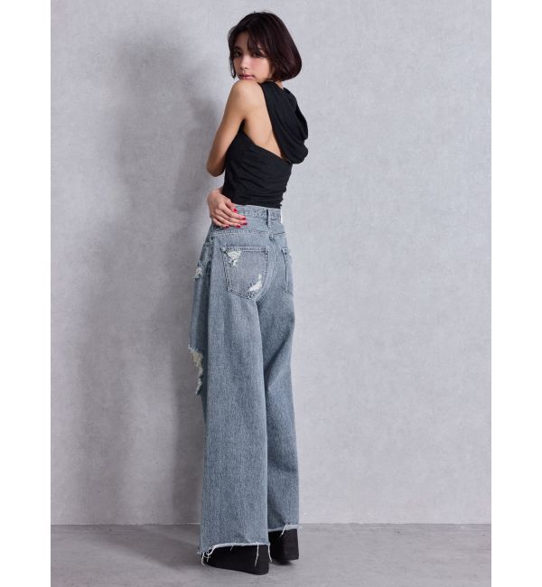 GYDA「ハイウエストSIDE straight line damageワイドデニムパンツ」|デニム|