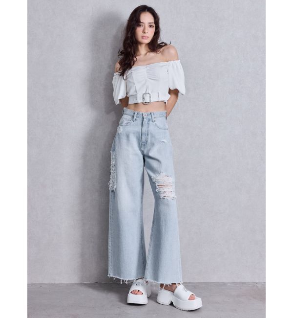GYDA「ハイウエストSIDE straight line damageワイドデニムパンツ」|デニム|