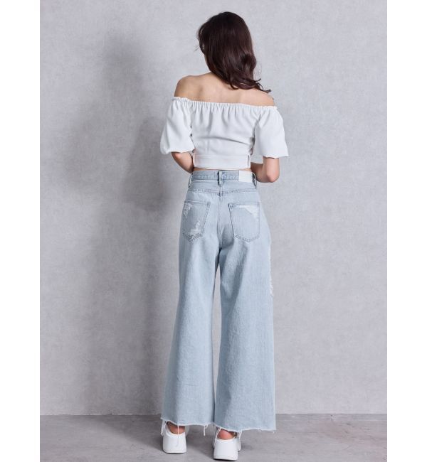 GYDA「ハイウエストSIDE straight line damageワイドデニムパンツ」|デニム|