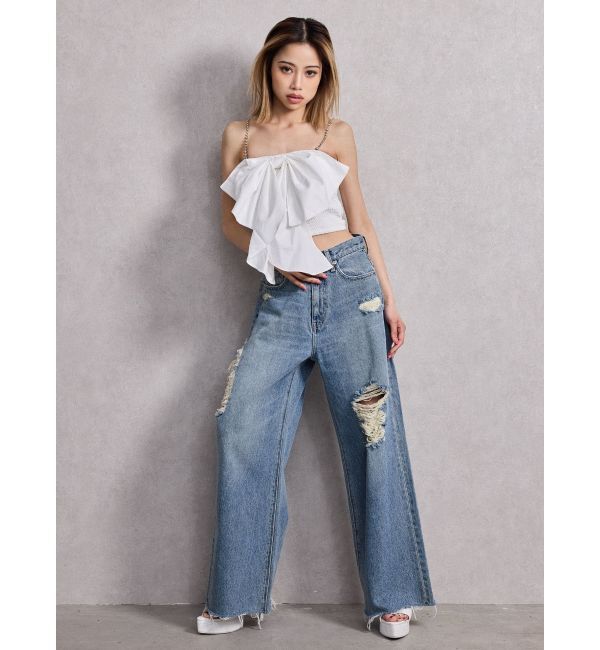 GYDA「ハイウエストSIDE straight line damageワイドデニムパンツ」|デニム|