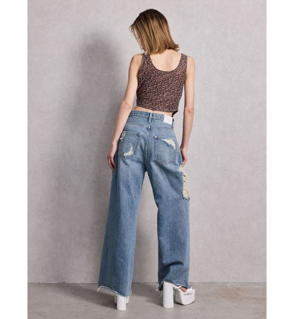 GYDA「ハイウエストSIDE straight line damageワイドデニムパンツ」|デニム|