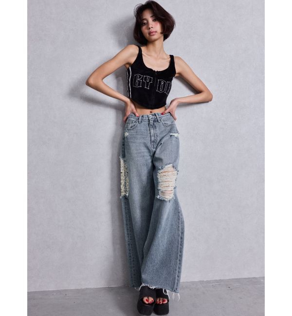 GYDA「ハイウエストSIDE straight line damageワイドデニムパンツ」|デニム|