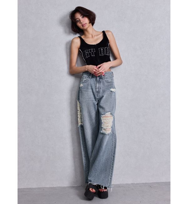 GYDA「ハイウエストSIDE straight line damageワイドデニムパンツ」|デニム|