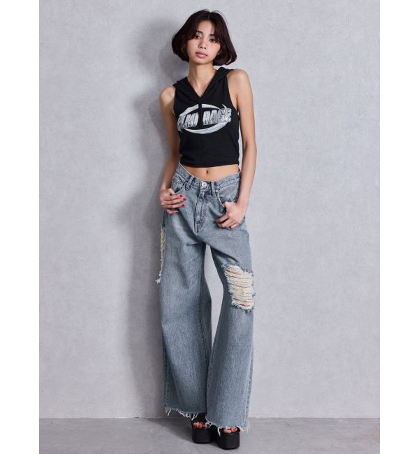 GYDA「ハイウエストSIDE straight line damageワイドデニムパンツ」|デニム|