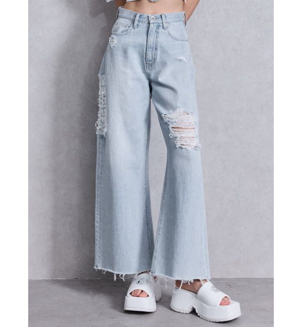 GYDA「ハイウエストSIDE straight line damageワイドデニムパンツ」|デニム|アイスブルー