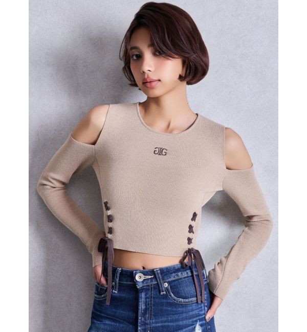 GYDA「Symmetry GYDAフロントレースアップニットトップス」|ニット・セーター|ベージュ