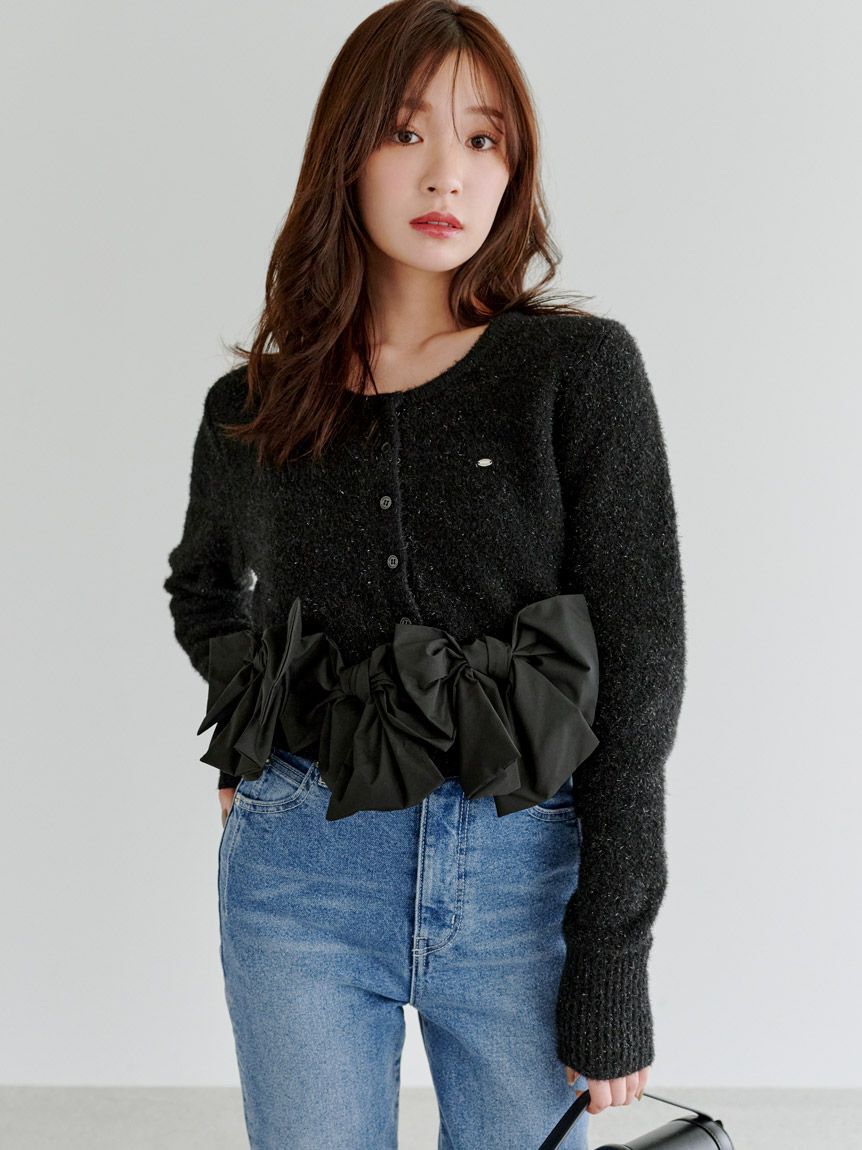 SNIDEL「リボンモチーフカーディガン」|ニット・セーター|BLK