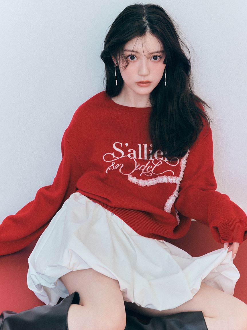 SNIDEL「リボンモチーフジャガードニットプルオーバー」|ニット・セーター|RED