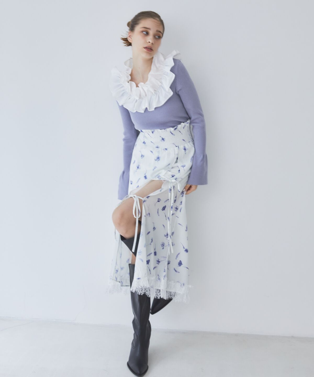 REDYAZEL「フェザープリントスリットスカショートパン」|フレア|ブルー