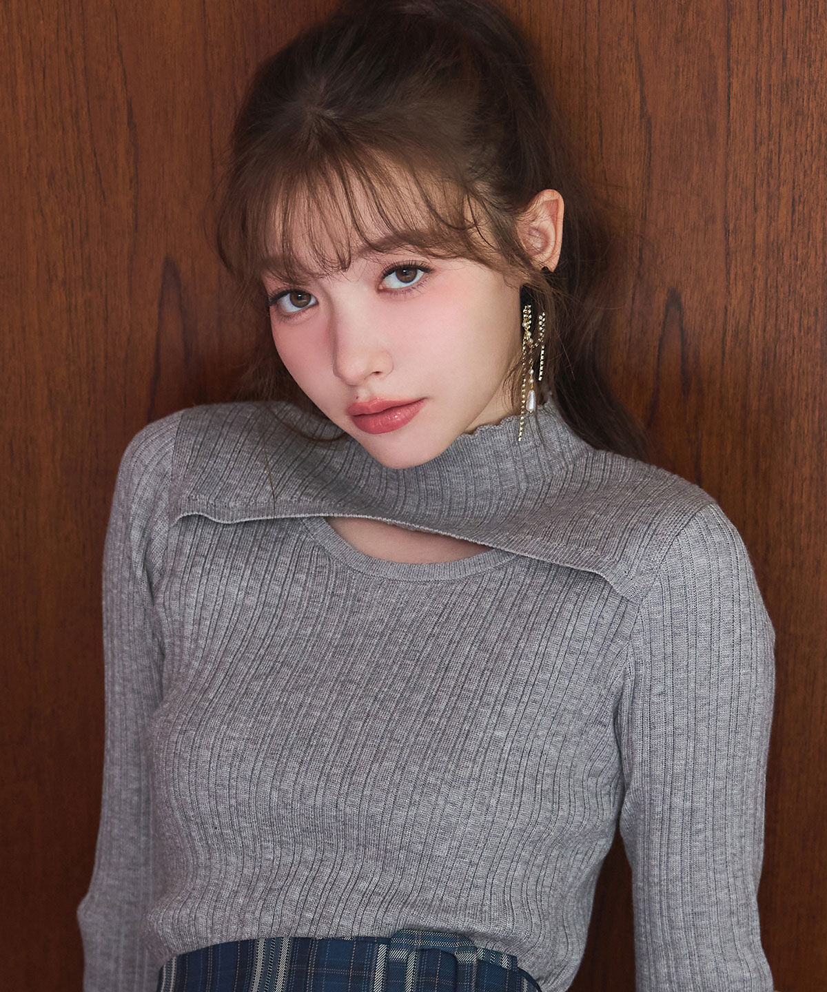 REDYAZEL「レイヤードデザインランダムリブニットプルオーバー」|ニット・セーター|グレー