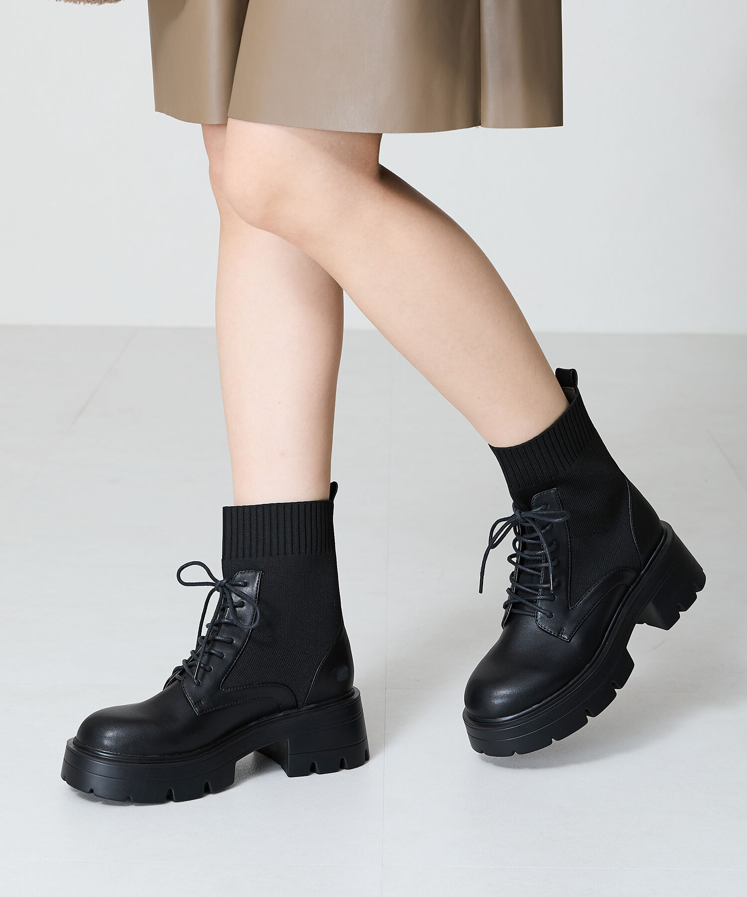 ORiental TRaffic「ニット ソックス レースアップブーツ/41431 厚底 柔らかい」|ショートブーツ|BLACK