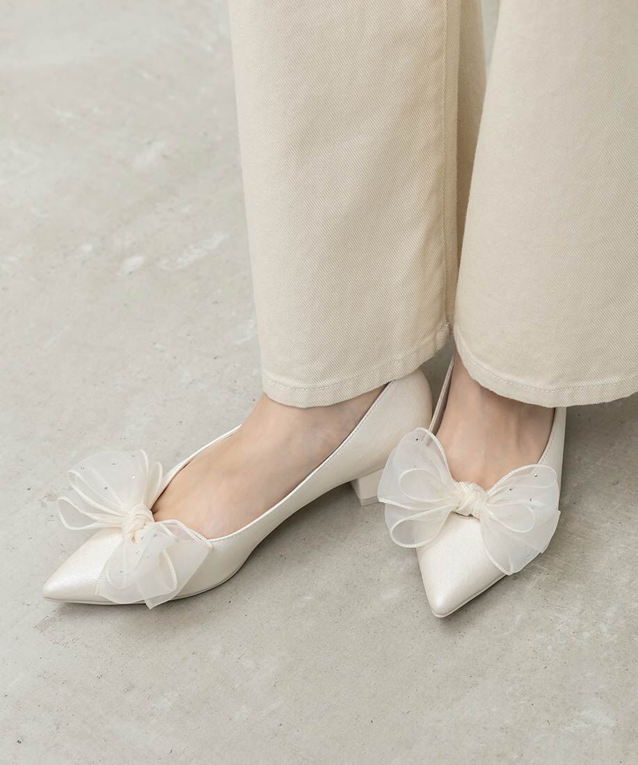  「2WAY シアーリボンチャンキーヒールパンプス」|パンプス|アイボリー