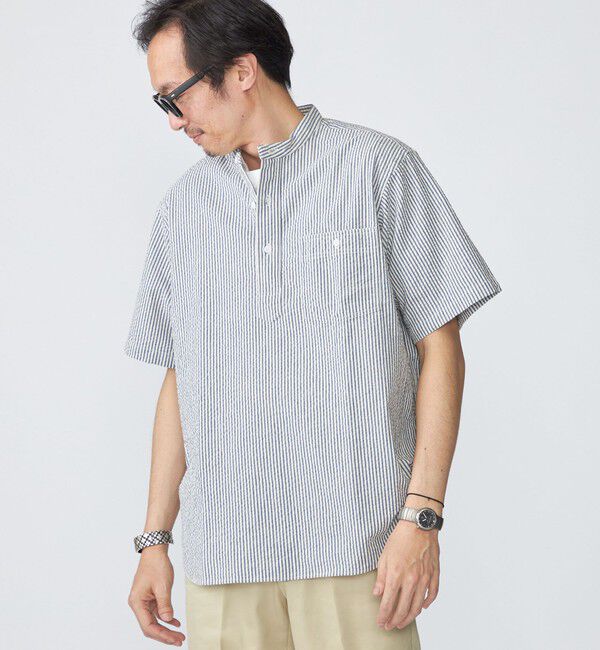 SHIPS「SHIPS: シアサッカー プルオーバー バンドカラー ショートスリーブ シャツ」|シャツ・ブラウス|オフホワイト