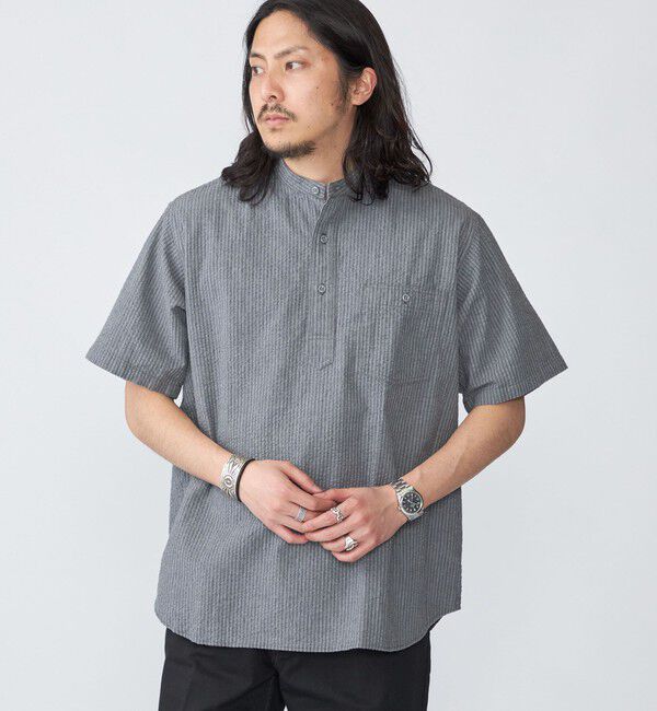 SHIPS「SHIPS: シアサッカー プルオーバー バンドカラー ショートスリーブ シャツ」|シャツ・ブラウス|