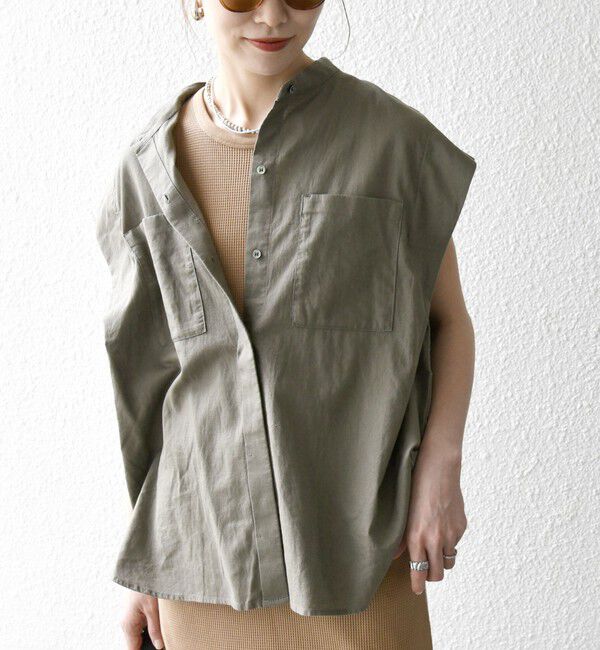 SHIPS any「SHIPS any:〈洗濯機可能〉リネン コットン バンドカラー フレンチスリーブ ポケット シャツ」|シャツ・ブラウス|