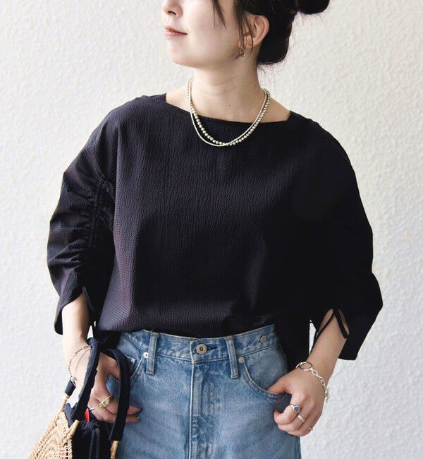 SHIPS any「SHIPS any:〈洗濯機可能〉ミニサッカー ドロスト リボン ボートネック ブラウス」|シャツ・ブラウス|