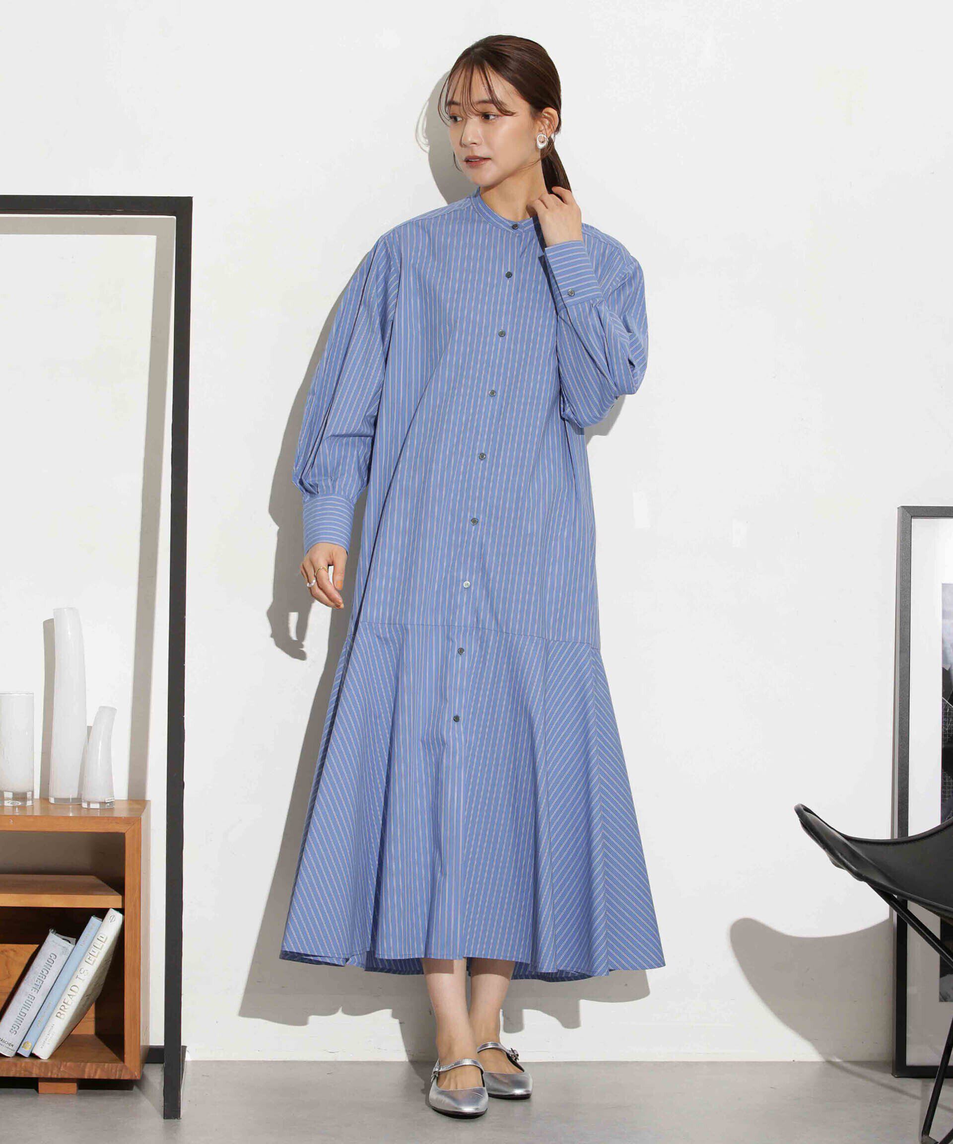 nano･universe「ヘムフレアバンドカラーシャツワンピース」|ワンピース|