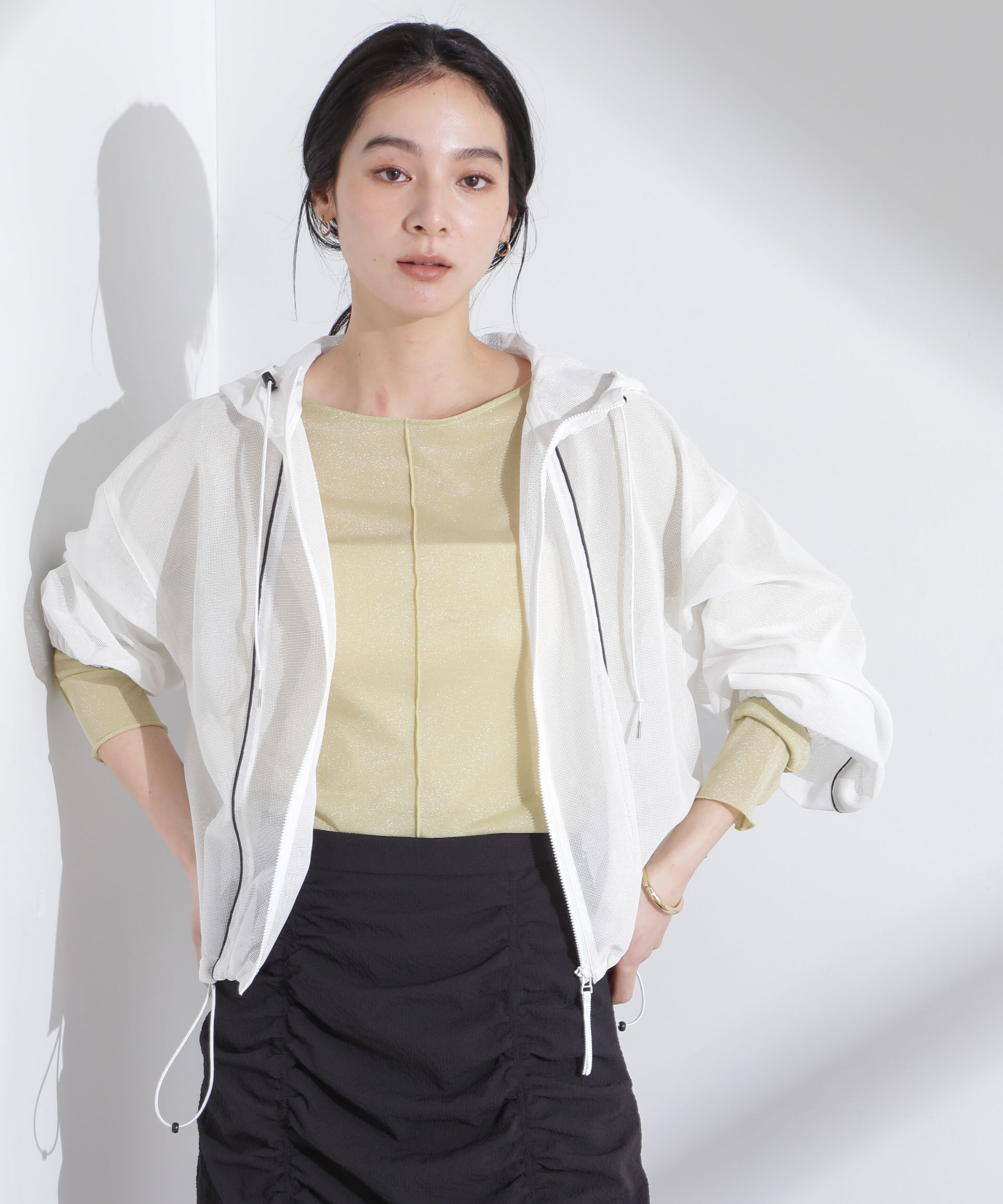 nano･universe「配色パイピングメッシュブルゾン」|ブルゾン・スタジャン|ホワイト