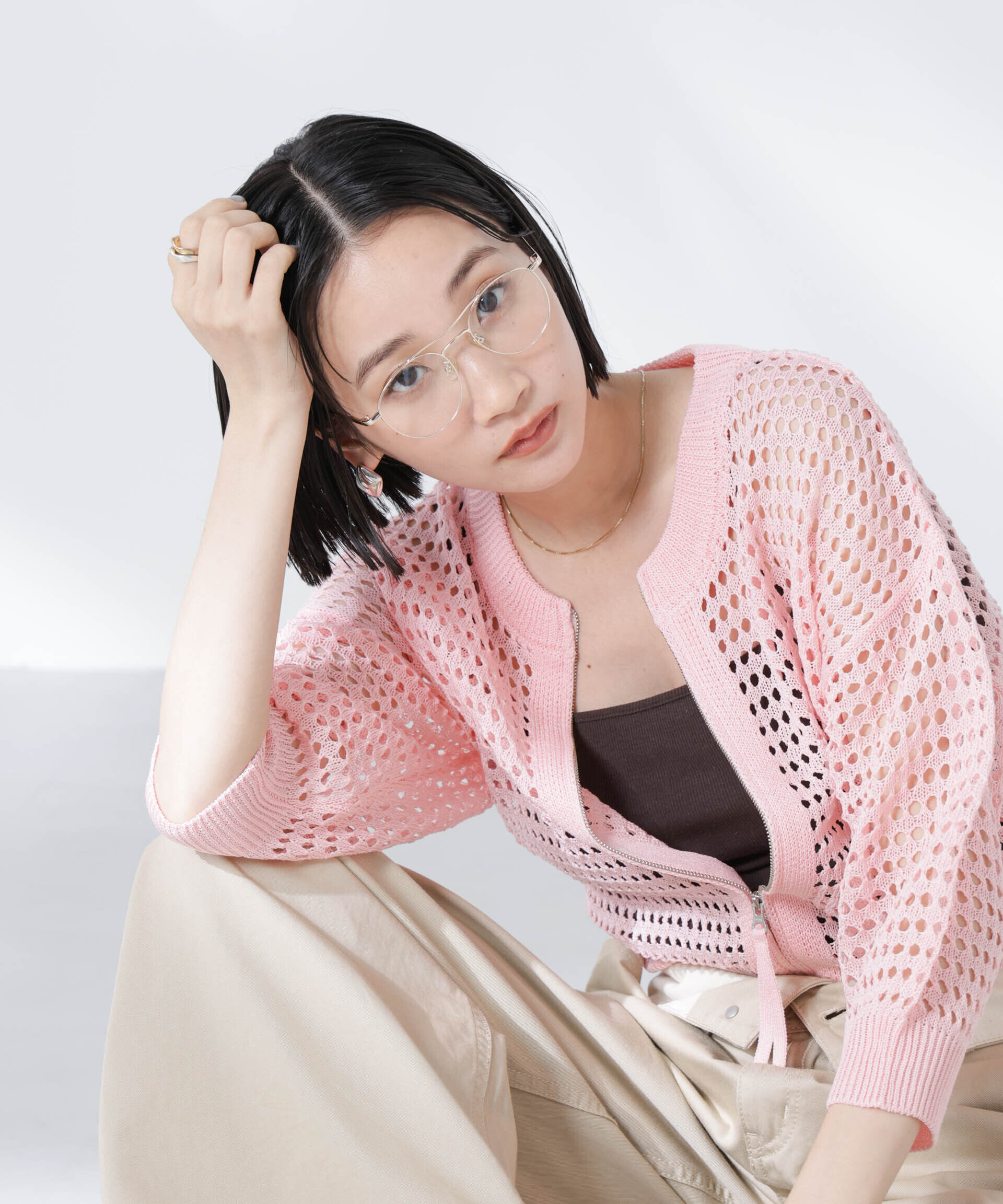 nano･universe「メッシュニットジップカーディガン」|ニット・セーター|ピンク