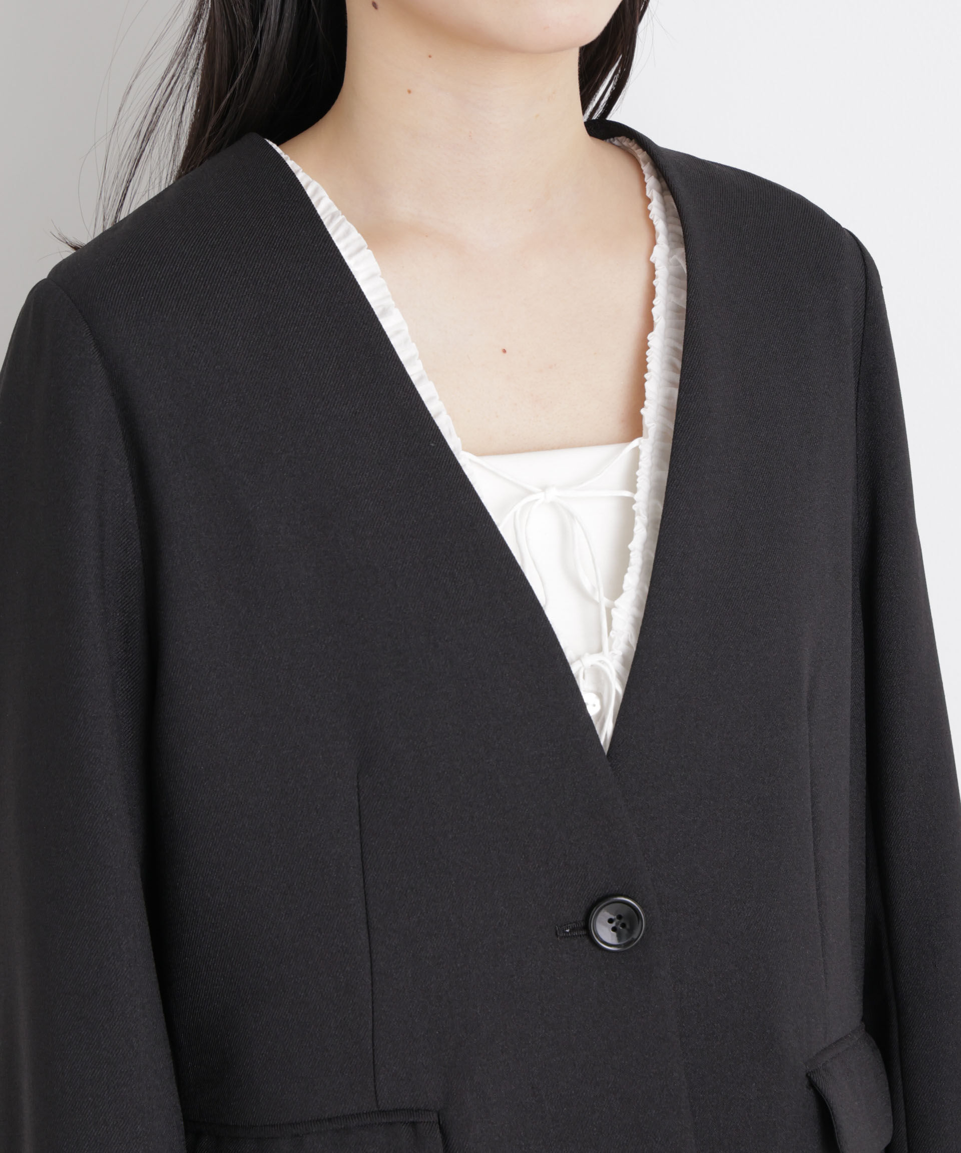 nano･universe「リネンライクツイルラペルレスジャケット」|テーラードジャケット|
