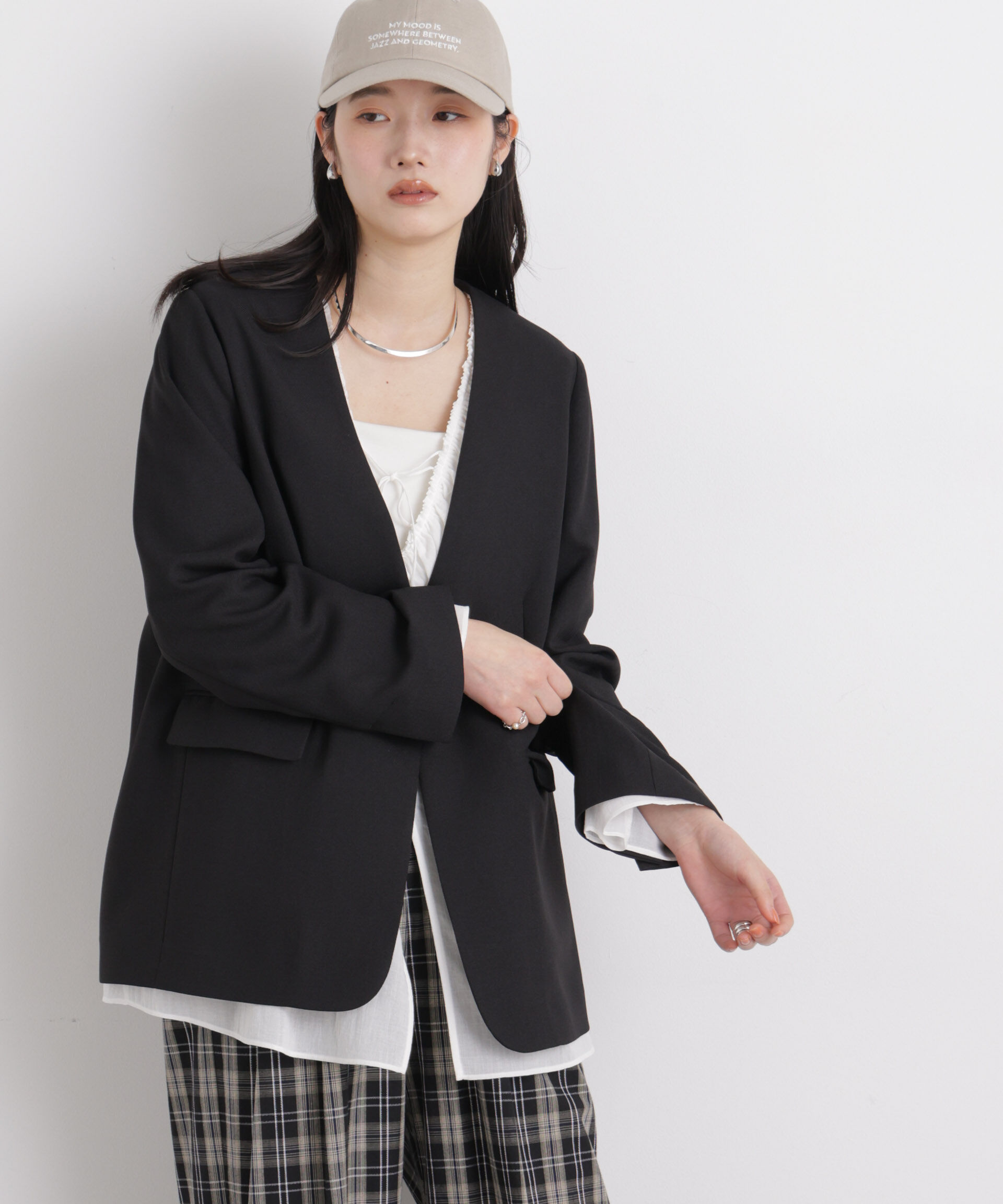 nano･universe「リネンライクツイルラペルレスジャケット」|テーラードジャケット|