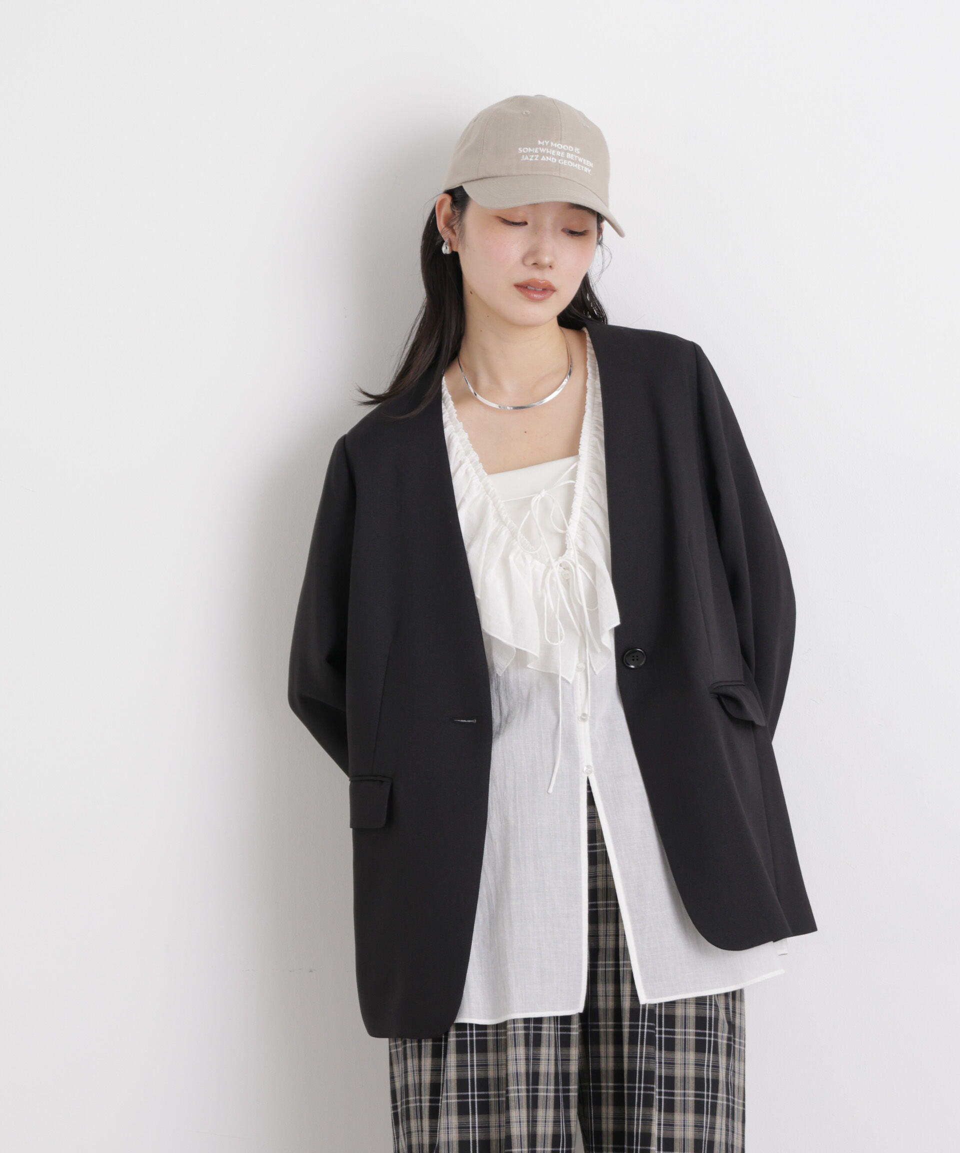 nano･universe「リネンライクツイルラペルレスジャケット」|テーラードジャケット|