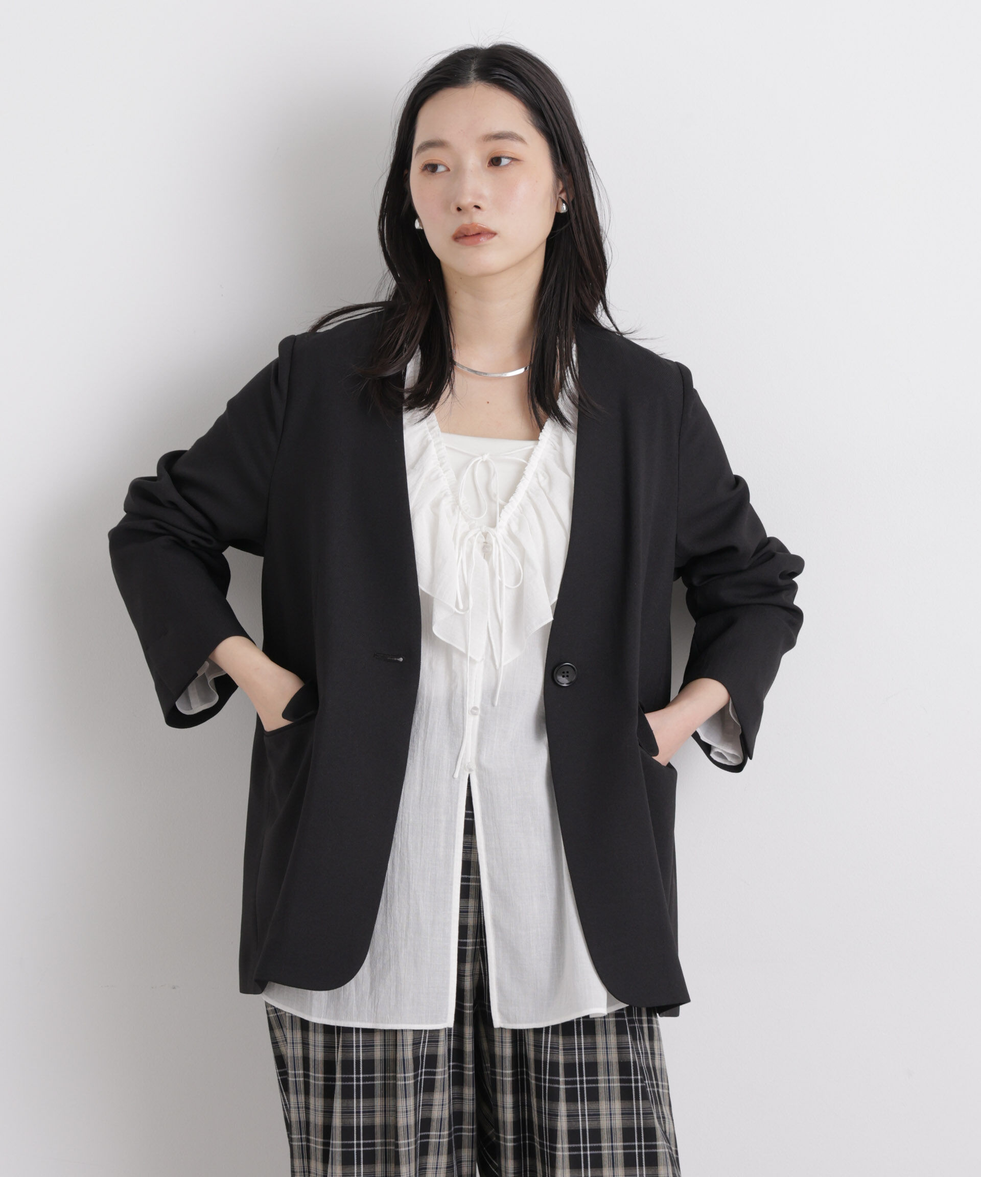 nano･universe「リネンライクツイルラペルレスジャケット」|テーラードジャケット|