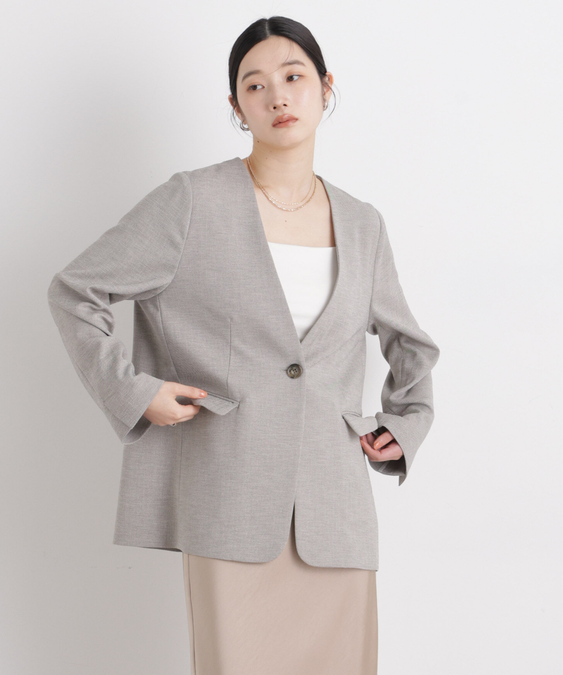 nano･universe「リネンライクツイルラペルレスジャケット」|テーラードジャケット|グレー