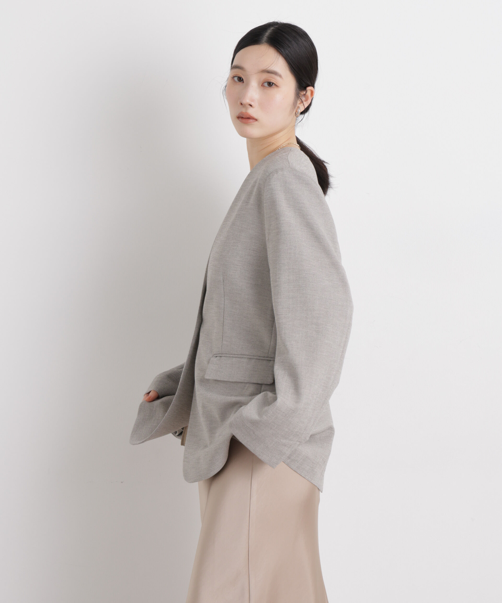 nano･universe「リネンライクツイルラペルレスジャケット」|テーラードジャケット|