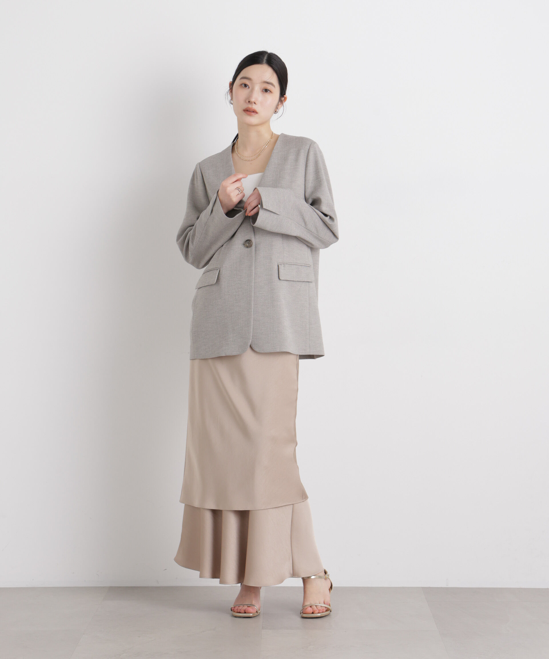 nano･universe「リネンライクツイルラペルレスジャケット」|テーラードジャケット|