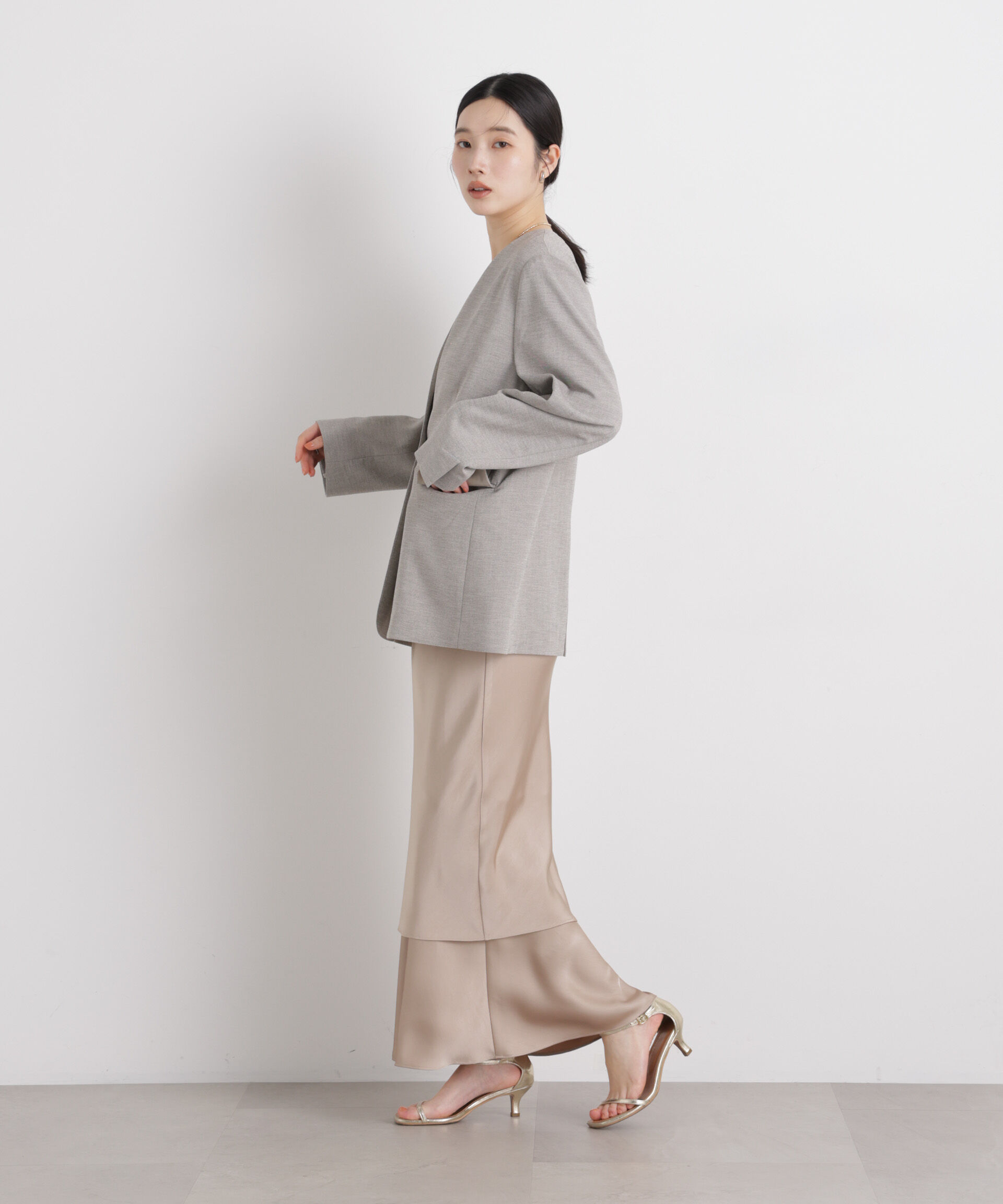 nano･universe「リネンライクツイルラペルレスジャケット」|テーラードジャケット|