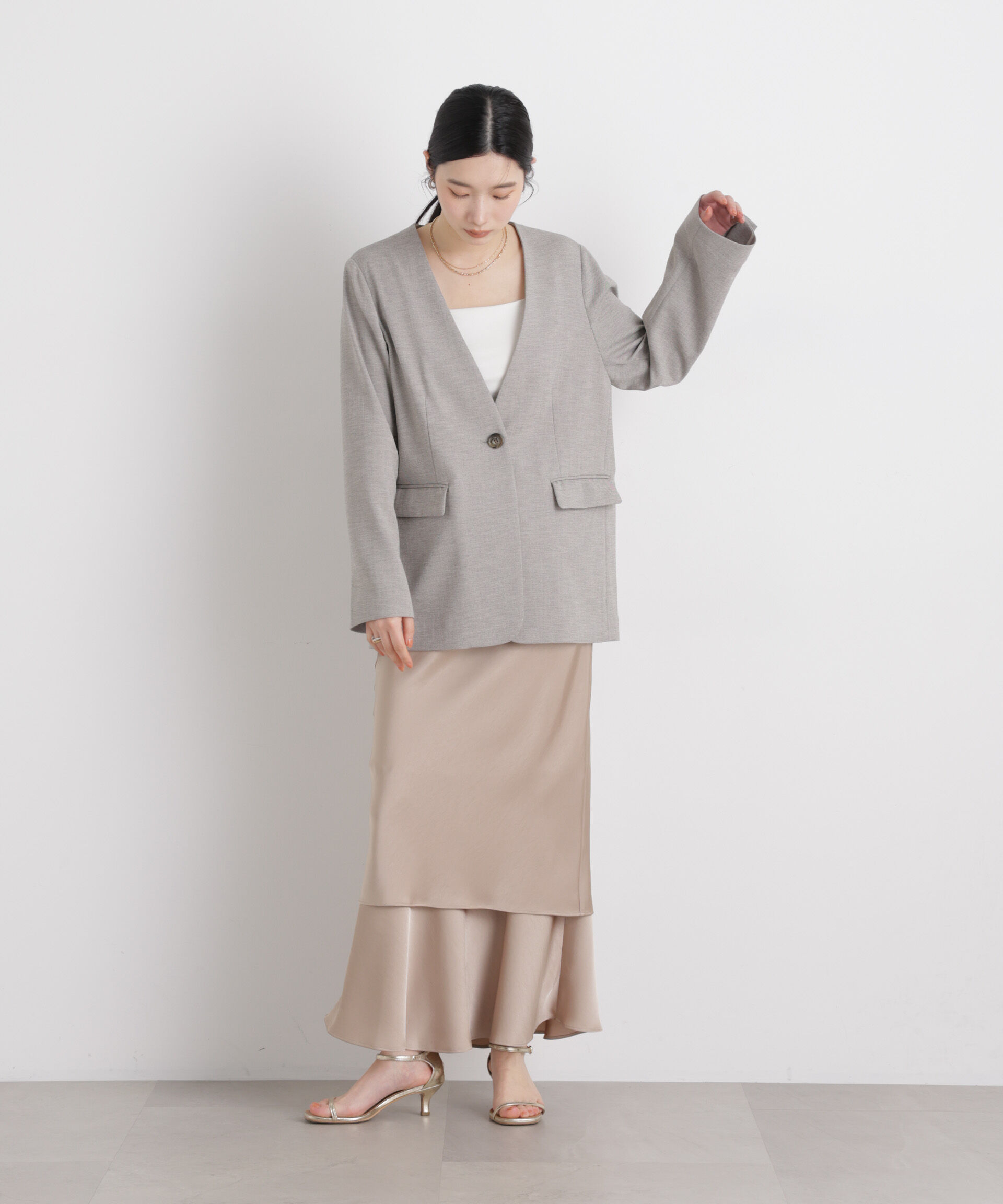 nano･universe「リネンライクツイルラペルレスジャケット」|テーラードジャケット|