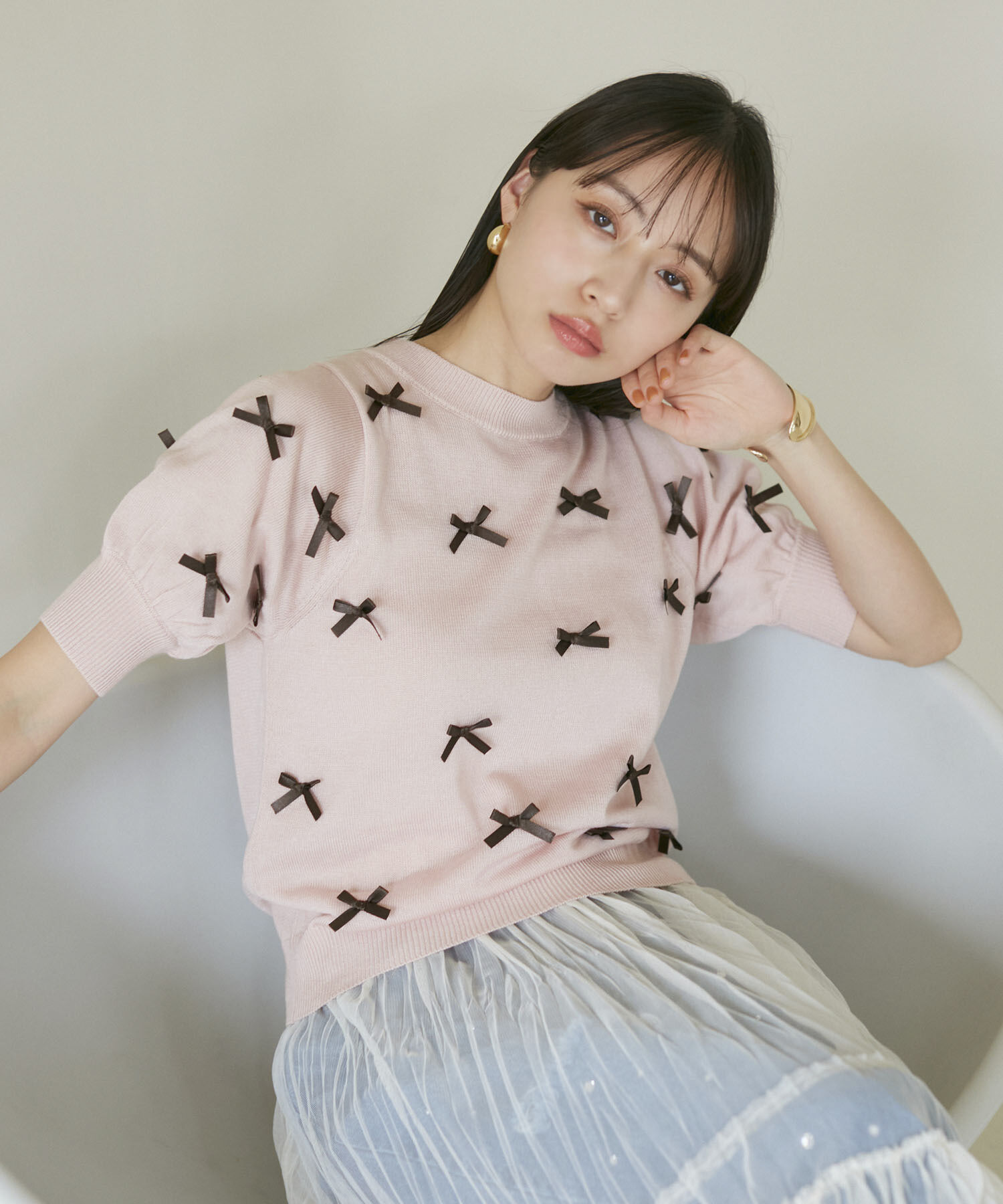 VIS「リボンハーフスリーブサマーニット」|ニット・セーター|ピンク(63)