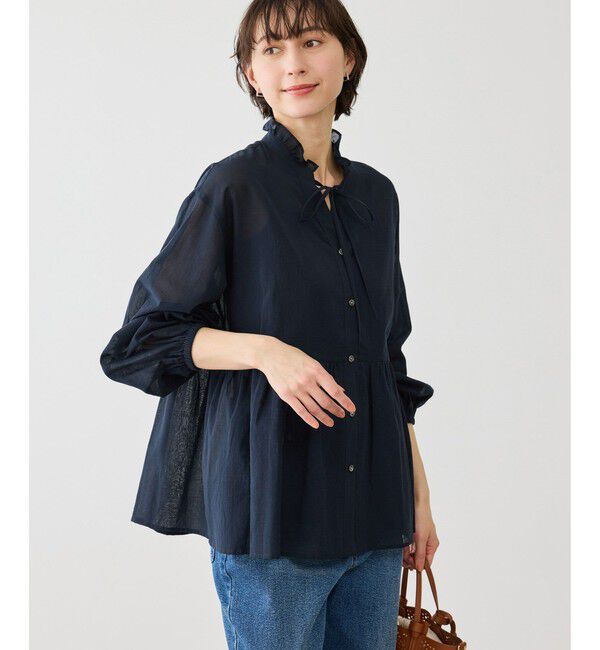 Rope&rsquo;Picnic「お着軽シャツシリーズ コットンボイルスタンドフリルシャツ/接触冷感・通気性」|シャツ・ブラウス|ネイビー(40)