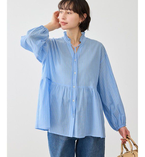 Rope&rsquo;Picnic「お着軽シャツシリーズ コットンボイルスタンドフリルシャツ/接触冷感・通気性」|シャツ・ブラウス|ブルー系(45)