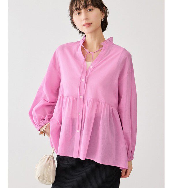 Rope&rsquo;Picnic「お着軽シャツシリーズ コットンボイルスタンドフリルシャツ/接触冷感・通気性」|シャツ・ブラウス|ピンク(63)