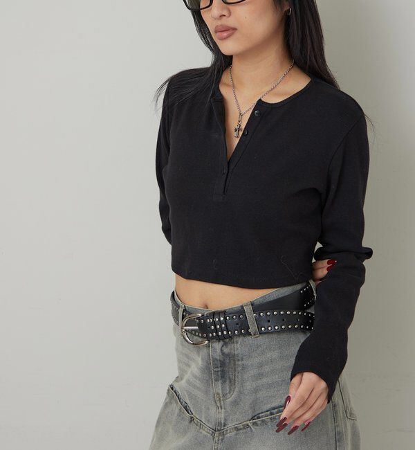  「【WEB限定】ヘンリーネックショートトップス」|Tシャツ・カットソー|ブラック