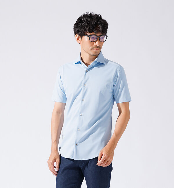 ABAHOUSE「【接触冷感】アイスピケ ストレッチ 半袖シャツ / FLEX SHIRTS」|シャツ・ブラウス|サックスブルー