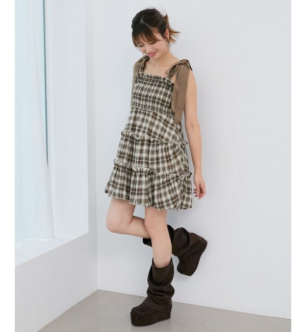  「肩リボンバルーンチュニック」|シャツ・ブラウス|ブラウン柄