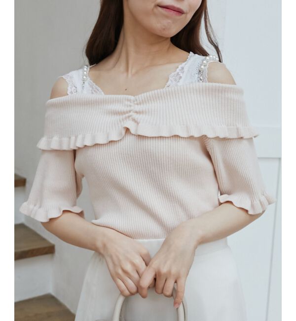  「パールチェーンオフショルフリルニット」|ニット・セーター|