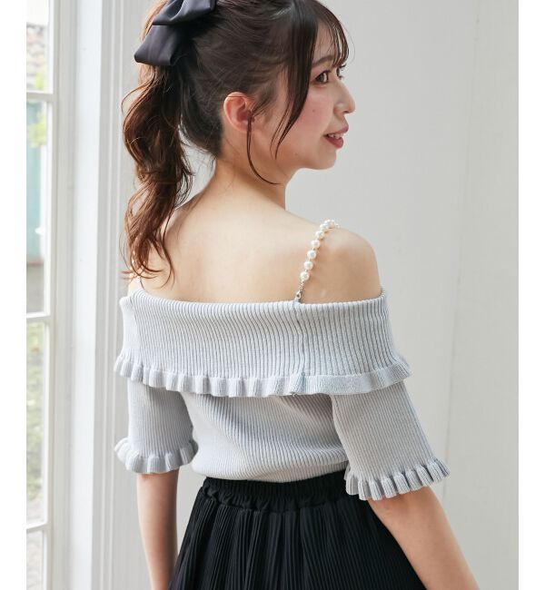  「パールチェーンオフショルフリルニット」|ニット・セーター|