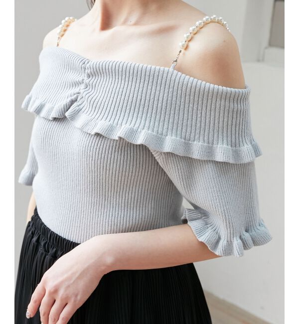  「パールチェーンオフショルフリルニット」|ニット・セーター|