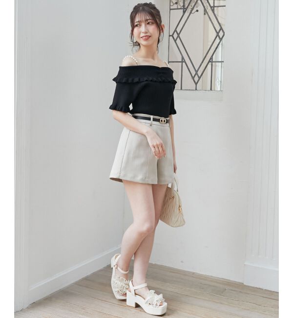  「パールチェーンオフショルフリルニット」|ニット・セーター|