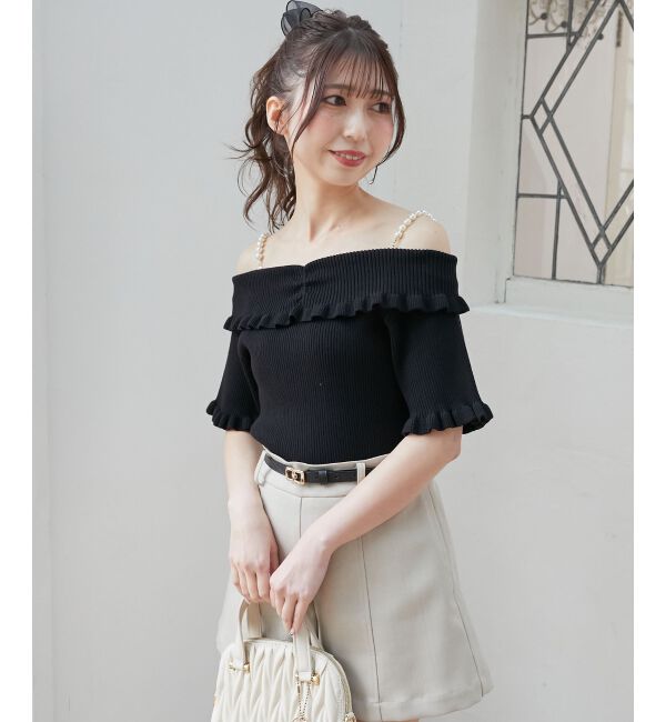  「パールチェーンオフショルフリルニット」|ニット・セーター|