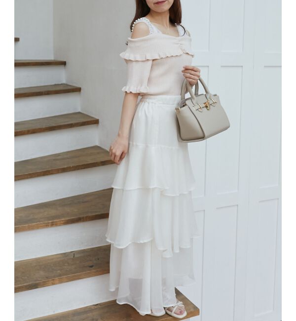  「パールチェーンオフショルフリルニット」|ニット・セーター|